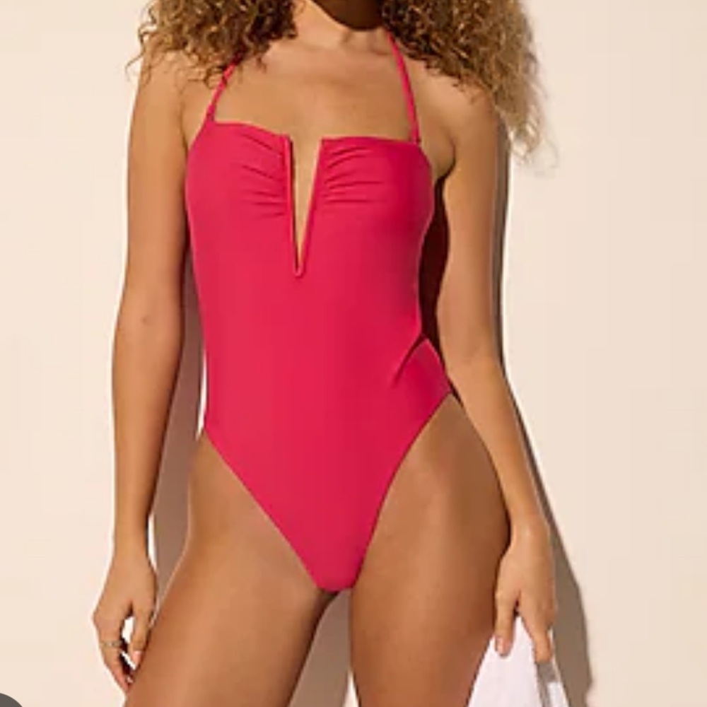 NWT EXPRESS Body Contour Pink One Piece Swimsuit with Plunging Neckline Large